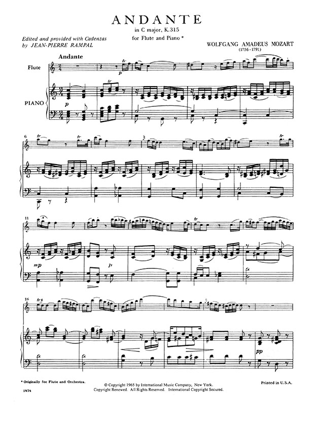 Mozart Andante in C Major, K. 315 and Rondo in D Major, K. Anh. 184 for Flute and Piano