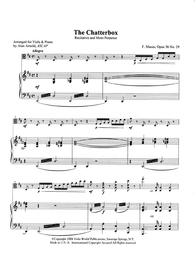 The Chatterbox by F. Mazas, Op.36 No.29 Arranged for Viola & Piano by Alan Arnold