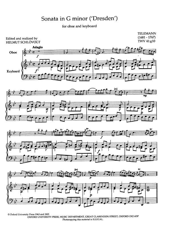 Georg Philipp Telemann Sonata in G minor ('Dresden') TWV 41:g10 for Oboe and Keyboard