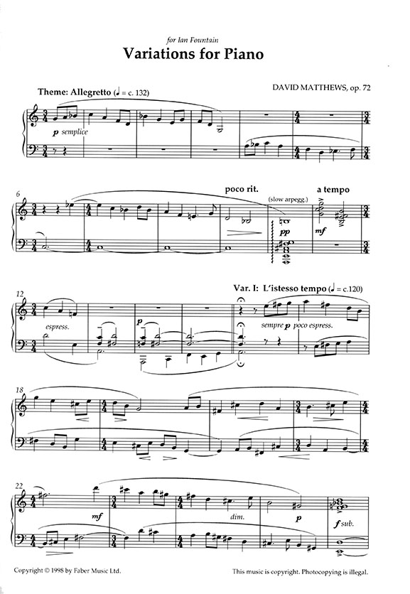David Matthews Variations Op. 72 for Piano
