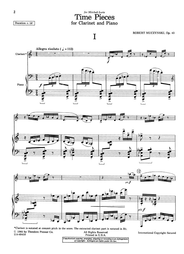 Robert Muczynski Time Pieces for Clarinet and Piano