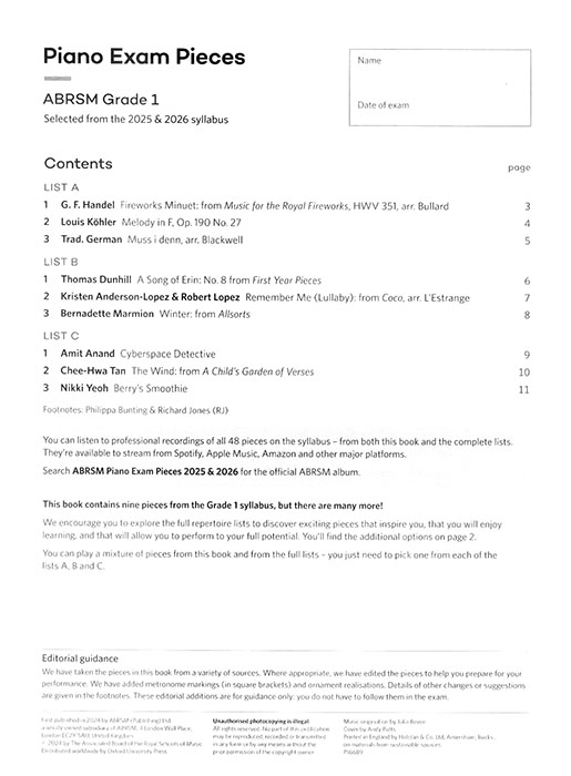Piano Exam Pieces 2025 & 2026 Grade 1