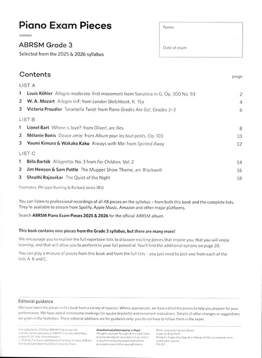 Piano Exam Pieces 2025 & 2026 Grade 3