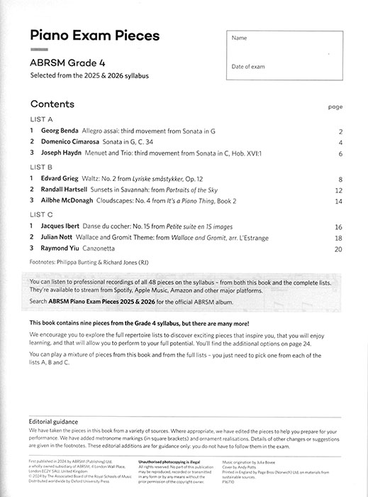 Piano Exam Pieces 2025 & 2026 Grade 4