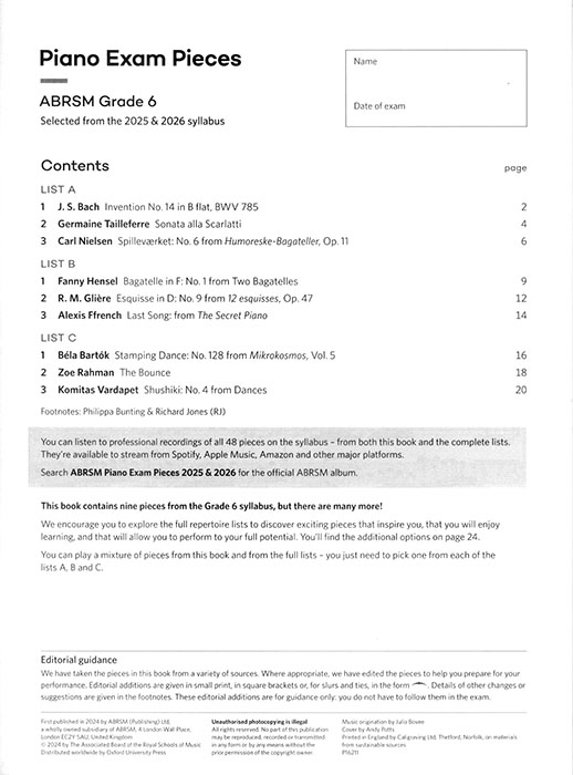 Piano Exam Pieces 2025 & 2026 Grade 6
