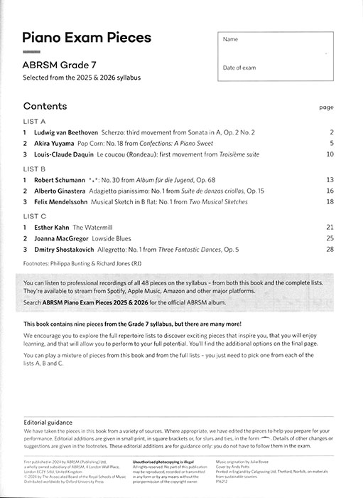 Piano Exam Pieces 2025 & 2026 Grade 7