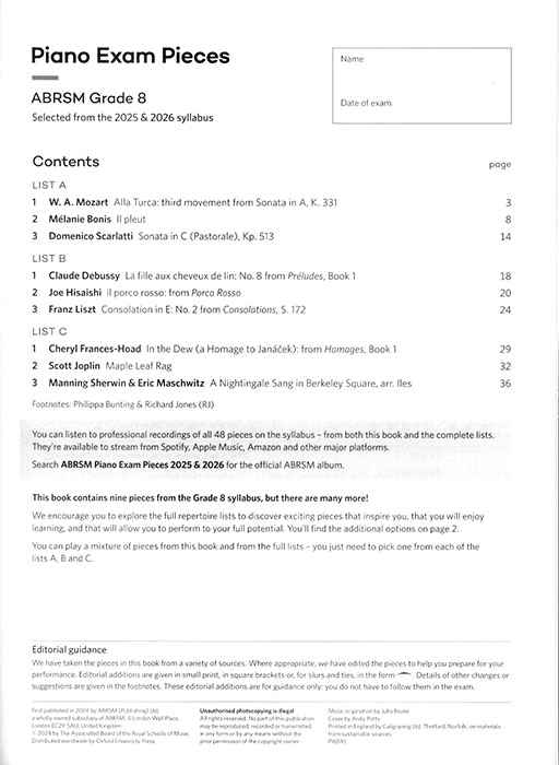 Piano Exam Pieces 2025 & 2026 Grade 8