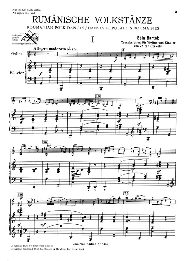 Béla Bartók Rumänische Volkstänze Transkription für Violine und Klavier