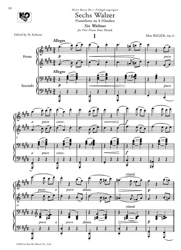 Reger Six Waltzes, Op. 22 for One Piano Four Hands/レーガー 6つのワルツ 作品22 4手連弾のための Reger Six Waltzes, Op. 22 for One Piano Four Hands/レーガー 6つのワルツ 作品22 4手連弾のための