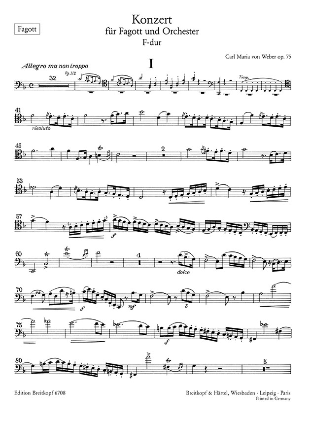 Weber Konzert für Fagott und Orchester F-dur Op. 75 Ausgabe für Fagott und Klavier