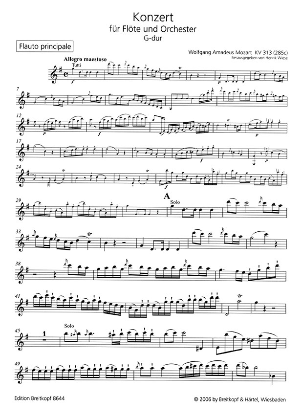 Mozart Konzert für Flöte und Orchester G-dur KV 313 (285c) Ausgabe für Flöte und Klavier