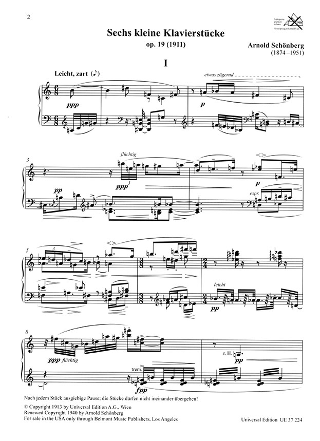 Arnold Schönberg Sechs Kleine Klavierstücke Op. 19