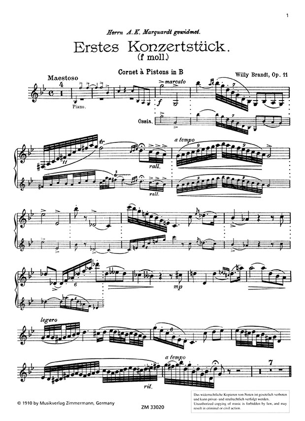 W. Brandt Erstes Konzertstück f-Moll Op. 11 Zweites Konzertstück Es-Dur Op. 12 für Cornet à Pistons in B und Klavier