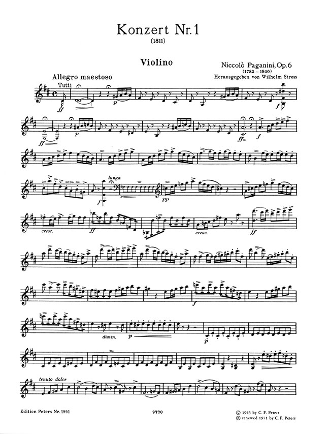 Paganini Konzert D Major Opus 6 Violine und Orchester Edition for Violin and Piano