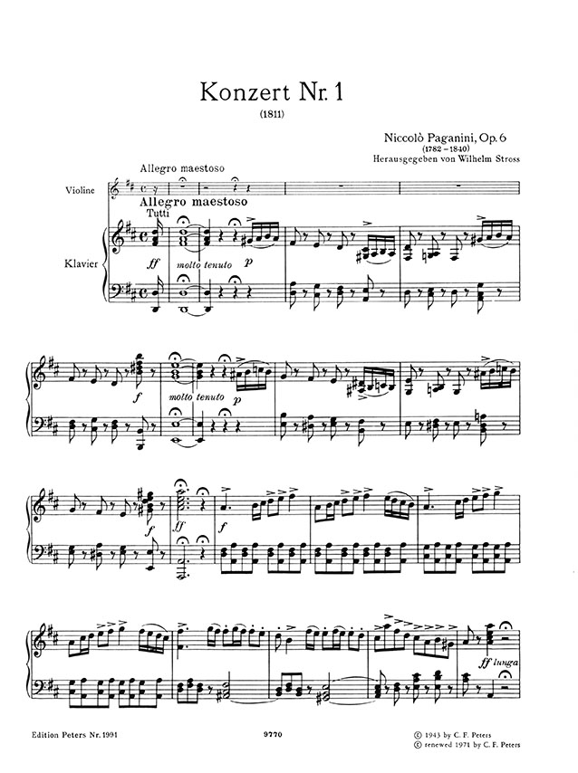 Paganini Konzert D Major Opus 6 Violine und Orchester Edition for Violin and Piano