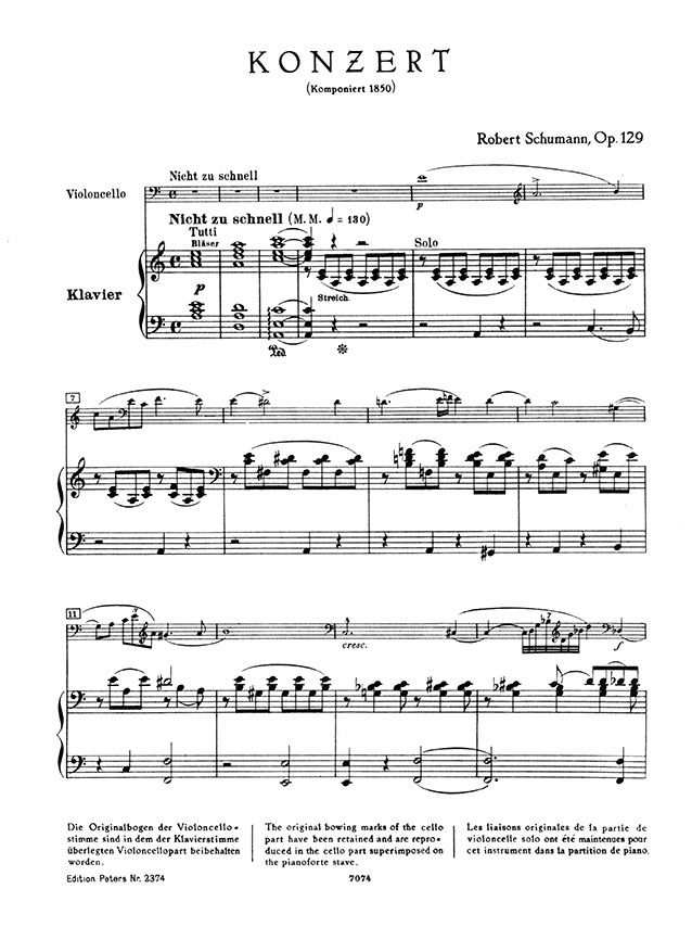 Schumann Konzert A minor Opus 129 Violoncello und Qrchester Edition for Violoncello and Piano