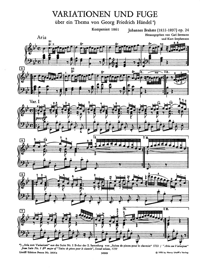 Brahms Variationen und Fuge über ein Thema von Georg Friedrich Händel Opus 24 Klavier (Urtext)