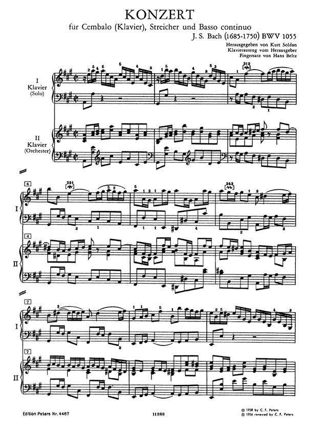 J. S. Bach Konzert A-Dur BWV 1055 Cembalo (Klavier), Streicher und Basso Continuo Ausgabe für 2 Klaviere