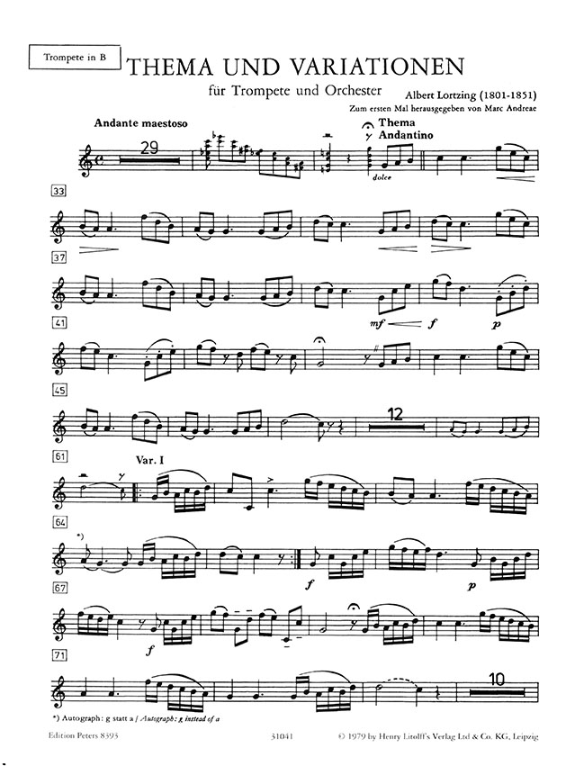 Lortzing Thema und Variationen für Trompete und Orchester Ausgabe für Trompete und Klavier