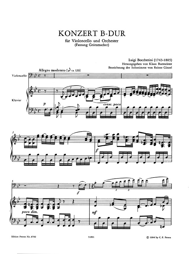 Boccherini Konzert  B-dur für Violoncello und Orchester Ausgabe für Violoncello und Klavier