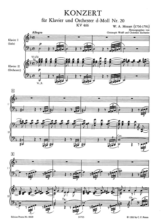 Mozart Konzert No. 20 in D Minor KV 466 Edition for 2 Pianos / Four Hands (Urtext)