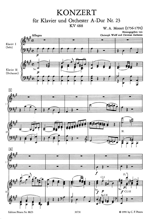 Mozart Konzert A-Dur KV 488 Klavier und Orchester Ausgabe für 2 Klaviere (Urtext)