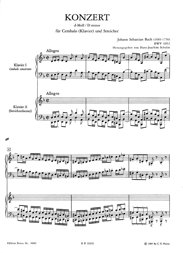 J.S. Bach【Konzert D minor BWV 1052】Edition For Two Pianos／Four Hands (Urtext)