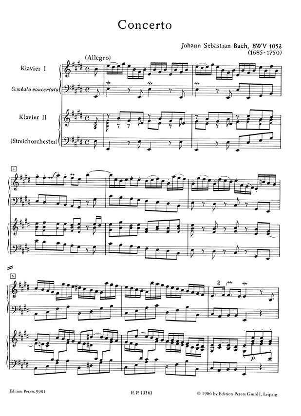 J. S. Bach Konzert E-Dur für Cembalo und Streichorchester BWV 1053 Ausgabe für zwei Klaviere zu vier Händen