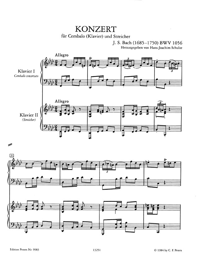 J. S. Bach Konzert f-Moll BWV 1056 Cembalo (Klavier) und Streicher Ausgabe für 2 Klaviere (Urtext)