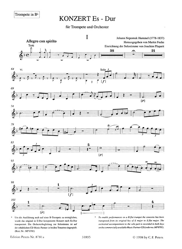 J. N. Hummel Konzert E-Dur Ausgabe für Trompete (B♭) und Klavier J. N. Hummel Konzert E-Dur Ausgabe für Trompete (B♭) und Klavier