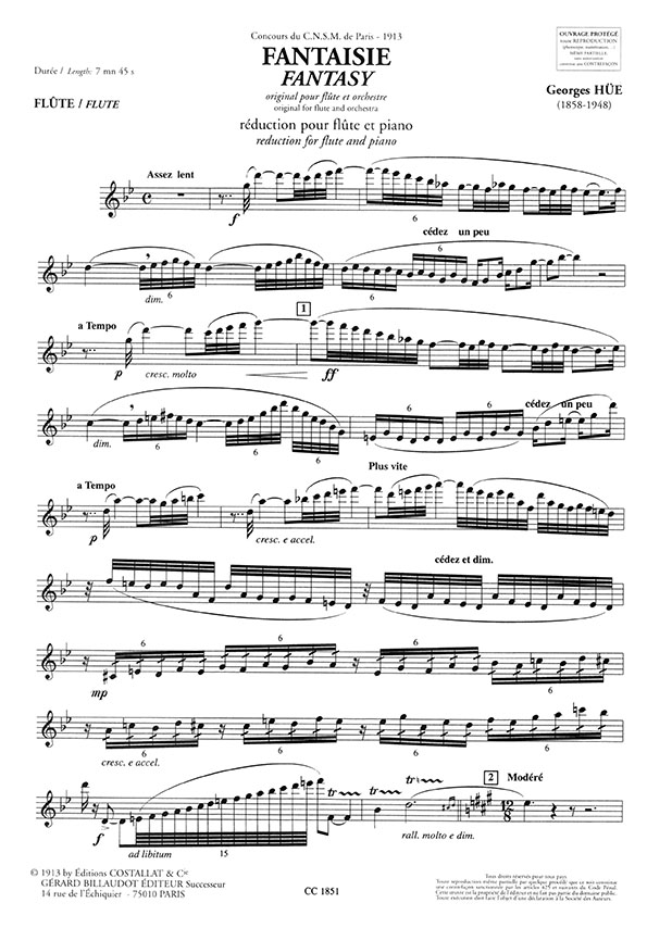 Georges Hüe Fantaisie Original pour Flúte et Orchestre Réduction pour Flúte et Piano