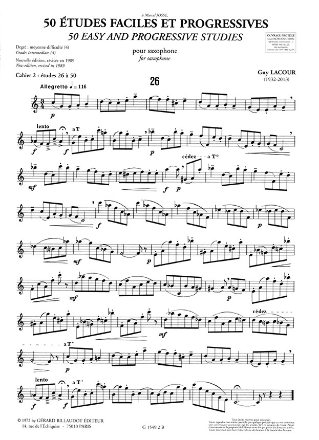 Guy Lacour 50 Études Faciles et Progressives pour Saxophone Volume 2