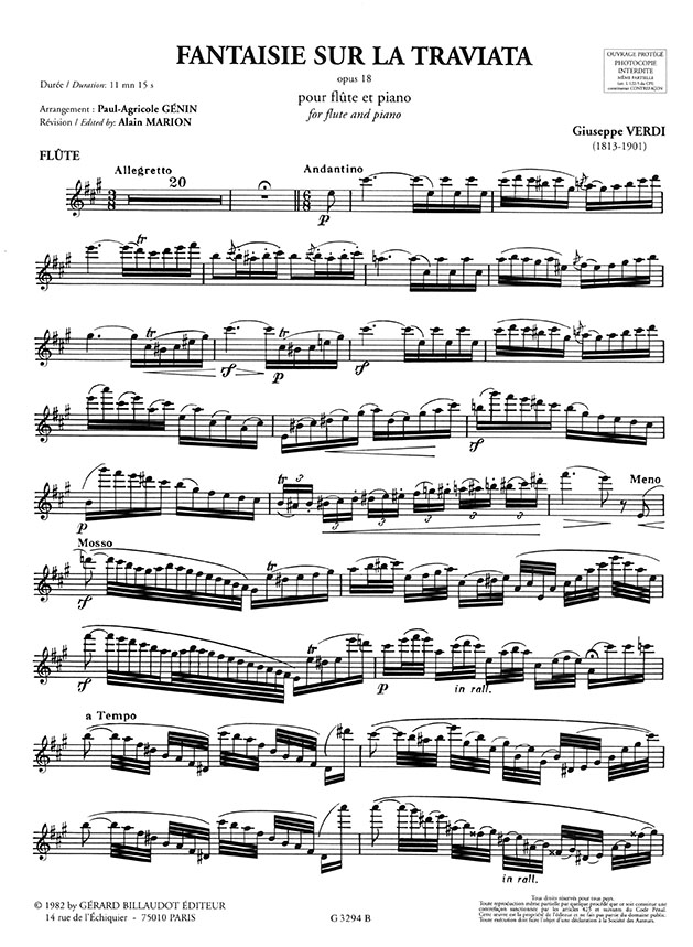 Giuseppe Verdi Fantaisie La Traviata Opus 18 pour Flúte et Piano