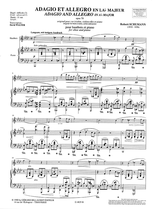 Robert Schumann Adagio et Allegro en la♭ Majeur Opus 70 Original pour Cor (Violon, Violoncelle) et Piano pour Hautbois et Piano