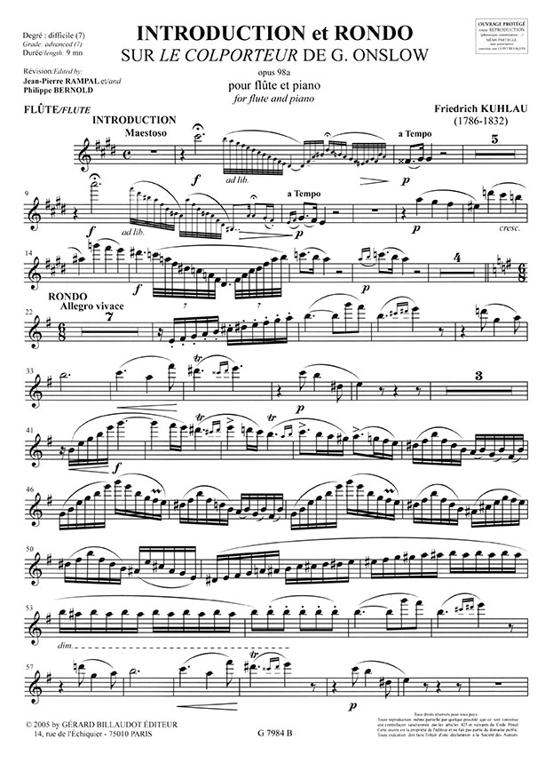 Friedrich Kuhlau Introduction et Rondo Sur Le Colporteur de G. Onslow Opus 98a pour Flûte et Piano