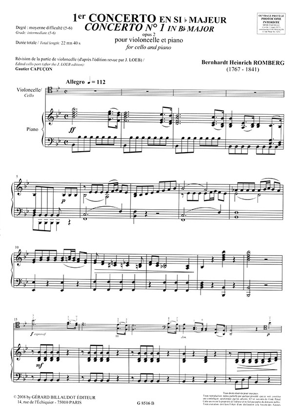 Bernhard Heinrich Romberg 1er Concerto en Si♭ Majeur Opus 2 pour Violoncelle et Piano