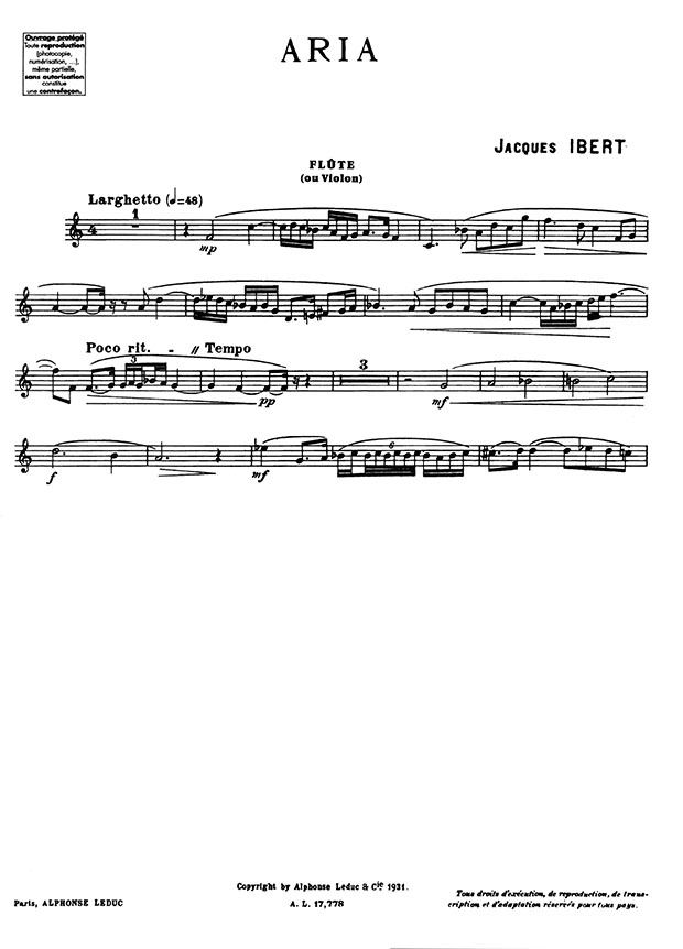 Jacques Ibert Aria pour Flûte, Violon et Piano MCMXXX