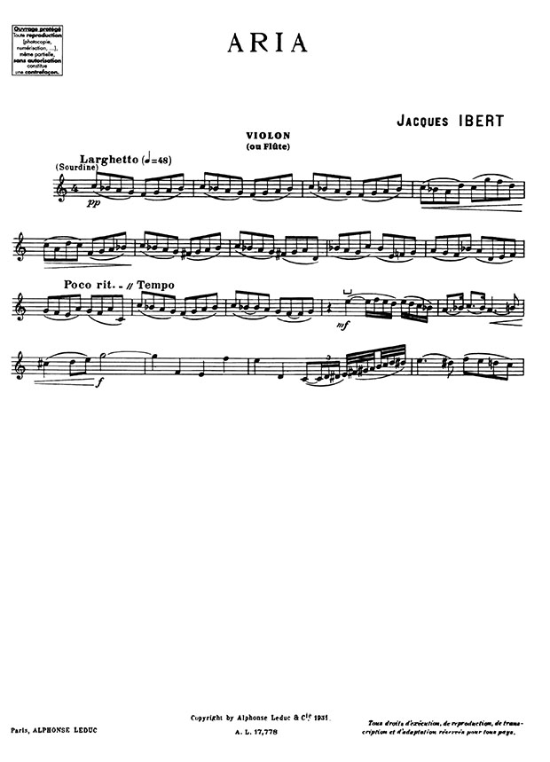 Jacques Ibert Aria pour Flûte, Violon et Piano MCMXXX