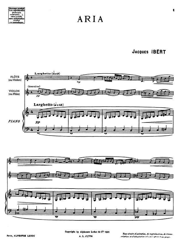 Jacques Ibert Aria pour Flûte, Violon et Piano MCMXXX