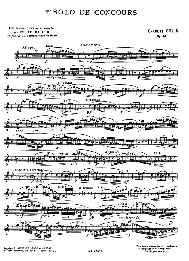 Charles Colin Célèbres Solo de Concours 1er. Solo Op. 33 pour Hautbois et Piano
