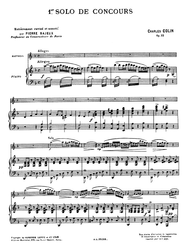 Charles Colin Célèbres Solo de Concours 1er. Solo Op. 33 pour Hautbois et Piano