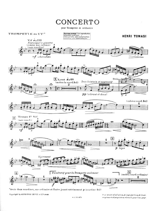 Henri Tomasi Concerto pour Trompette et Orchestre Trompette Et Piano