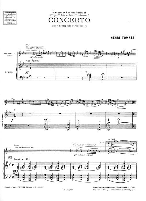 Henri Tomasi Concerto pour Trompette et Orchestre Trompette Et Piano