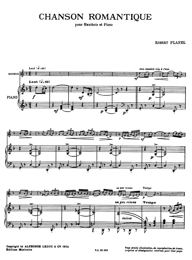 Robert Planel Chanson Romantique pour Hautbois et Piano