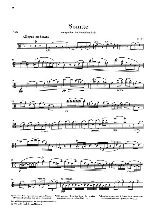 Schubert Arpeggionesonate D 821 Ausgabe für Viola