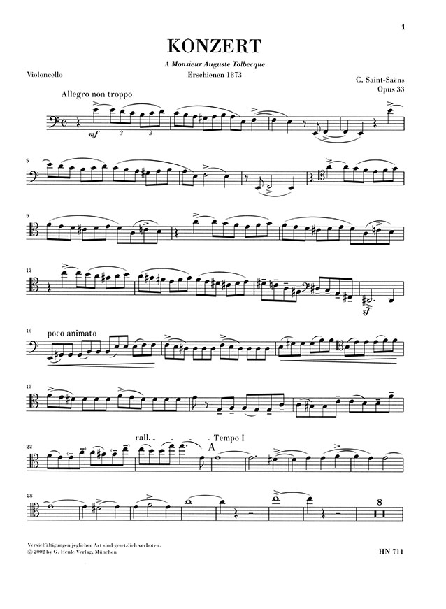 Saint-Saëns Violoncellokonzert Nr. 1 a-moll Opus 33 Klavierauszug