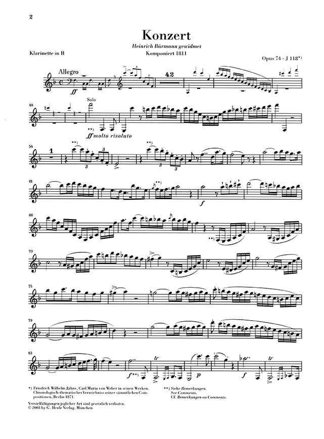 Weber Klarinettenkonzert Nr. 2 Es-dur Opus 74 Klavierauszug