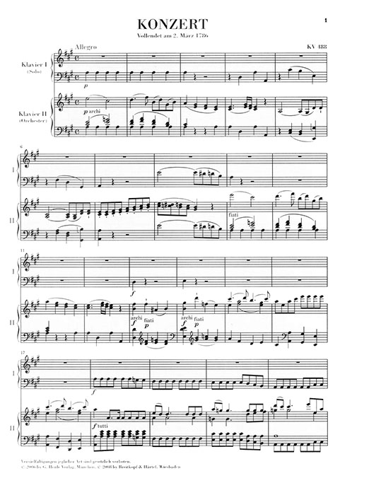 Mozart Klavierkonzert A-Dur KV 488 Klavierauszug (Urtext)