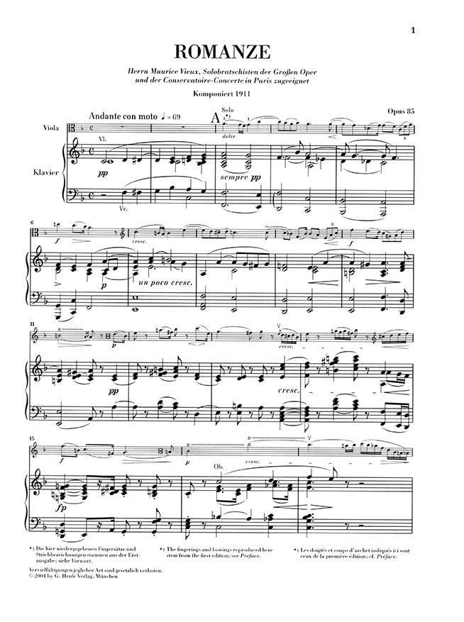 Bruch Romanze für Viola und Orchester F-dur Opus 85 Klavierauszug (Urtext)