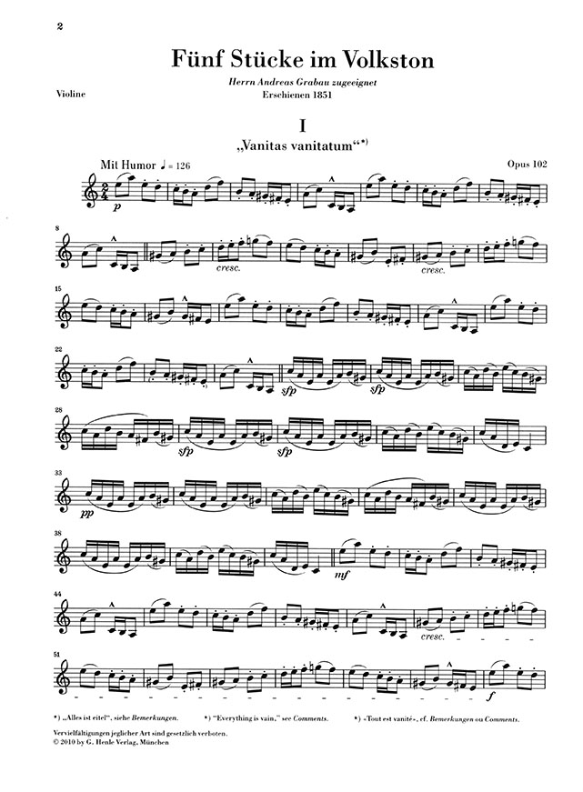 Schumann Fünf Stücke im Volkston Opus 102 Fassung für Violine und Klavier